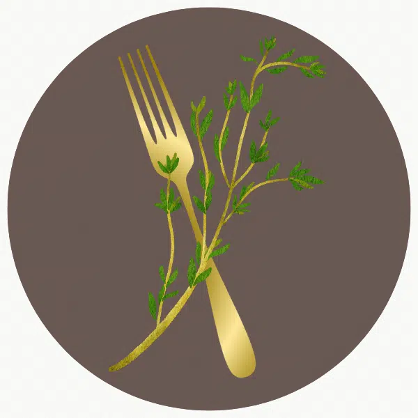 brass fork and thyme leaf Seeking Thyme logo